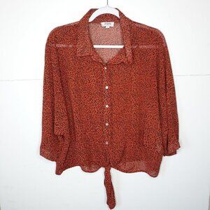 Umgee Cheetah Print Tie Front Sheer Oversized Dolman Sleeve Blouse Top M Boho